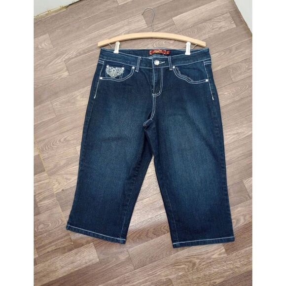 One 5 One   denim & rhinestone Capri, cropped jeans size 10 - Picture 1 of 8